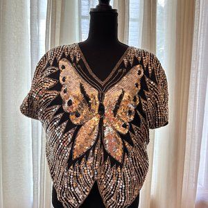Elegant Vintage Evening Silver Sequin Butterfly Top